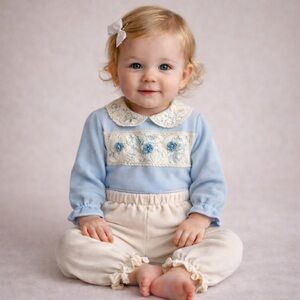 VINTAGE LITTLE BY LITTLE Set Pants Long Sleeve Onesie Blue Cream Lace Trim NEW